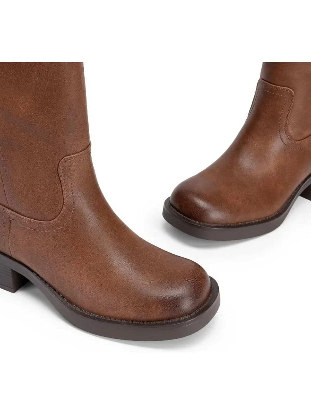 Women's Brown Faux Leather Square Toe Chunky Block Heel Knee High Riding Boots - Picture 5 of 6